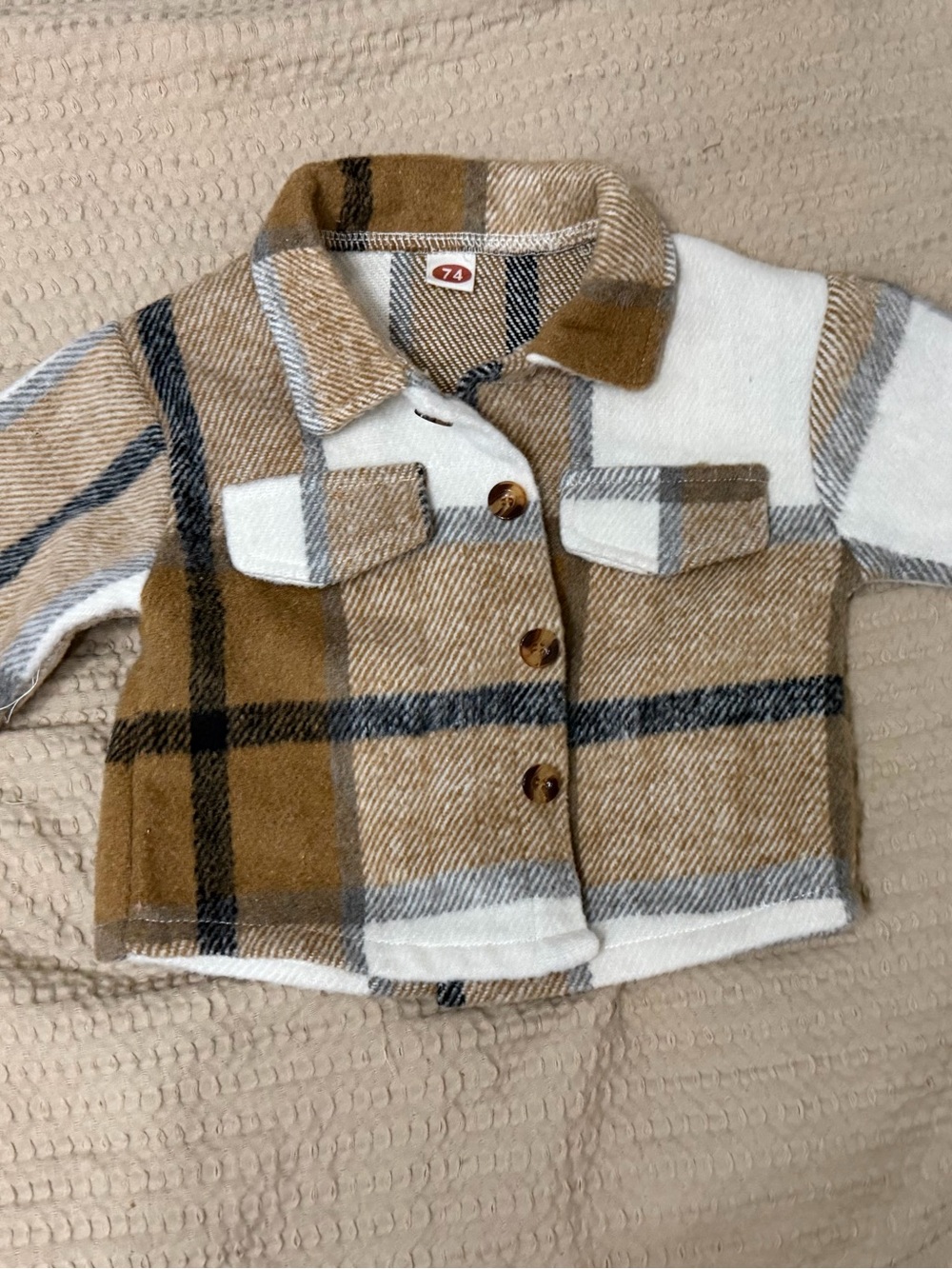 SHEIN Tan White Plaid Button-Down Kids Shirt Jacket
